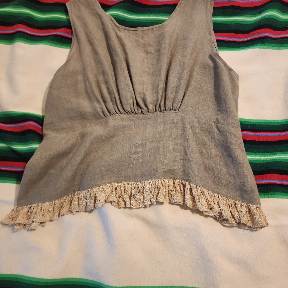 Magnolia Pearl Olive Green Linen Ruffle-Hem Sleeveless Top